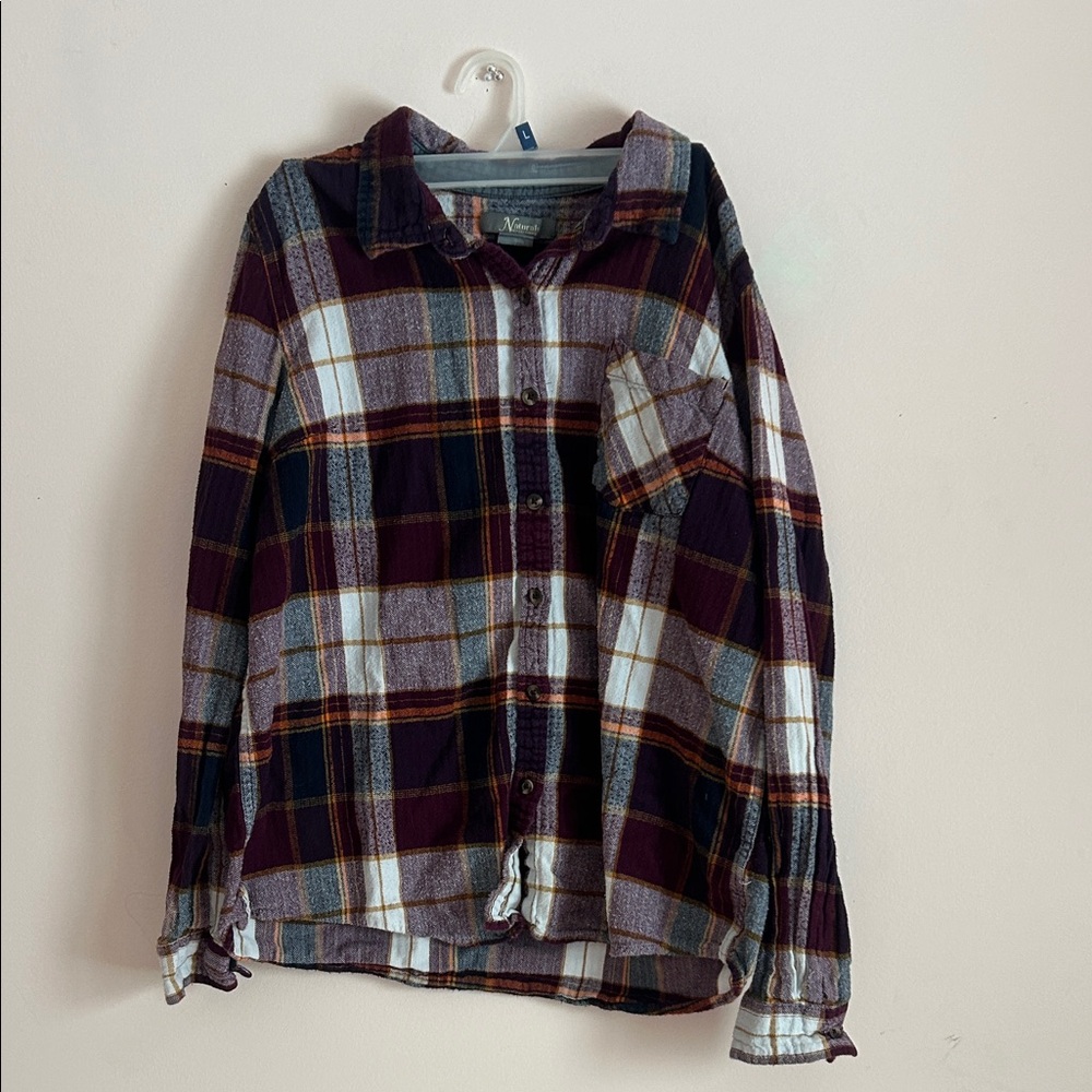 Natural Reflections Maroon, White, Blue, and Orange Cotton Plaid Button-Up Shirt